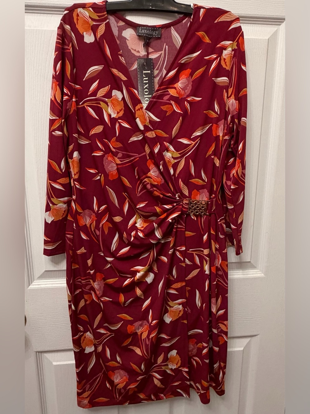 Luxology Wine Floral Faux-Wrap Dress with Side Buckle Size PM NWT